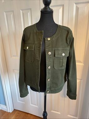 Olive Green Collarless Utility Jacket with Button Flap Pockets